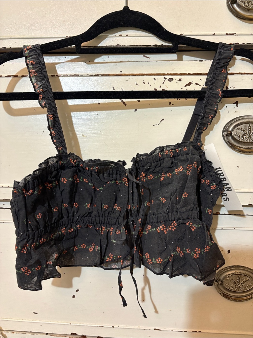 New Urban Outfitters Black Floral Ruffle Smocked Crop Top, M